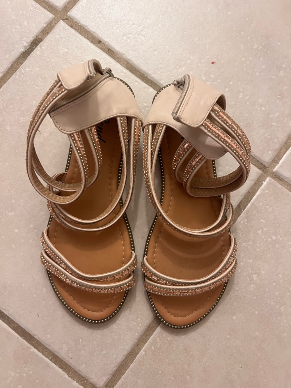 Women’s Beaded Ankle-Strap Sandals in Nude